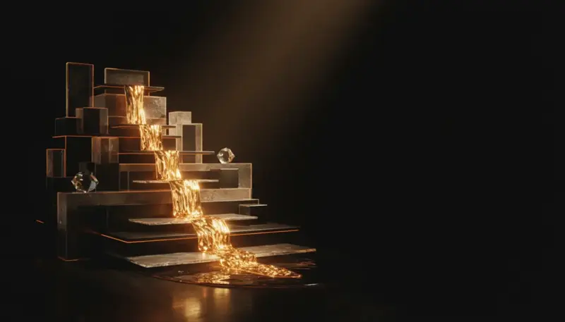 Abstract pricing tier visualization with descending warm amber numerical streams flowing through translucent geometric layers