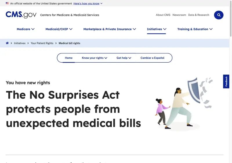 The official CMS “Medical bill rights” page explaining that the federal No Surprises Act protects people from unexpected medical bills.