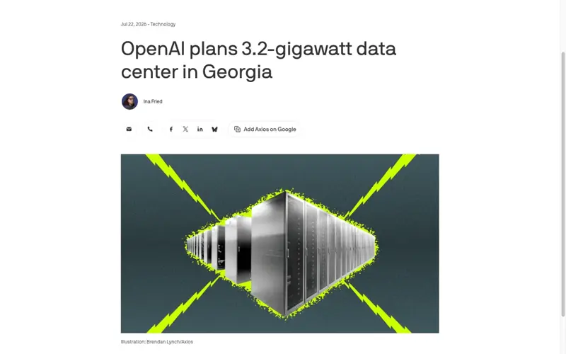 Axios headline “OpenAI plans 3.2-gigawatt data center in Georgia” with an illustration of a data center corridor