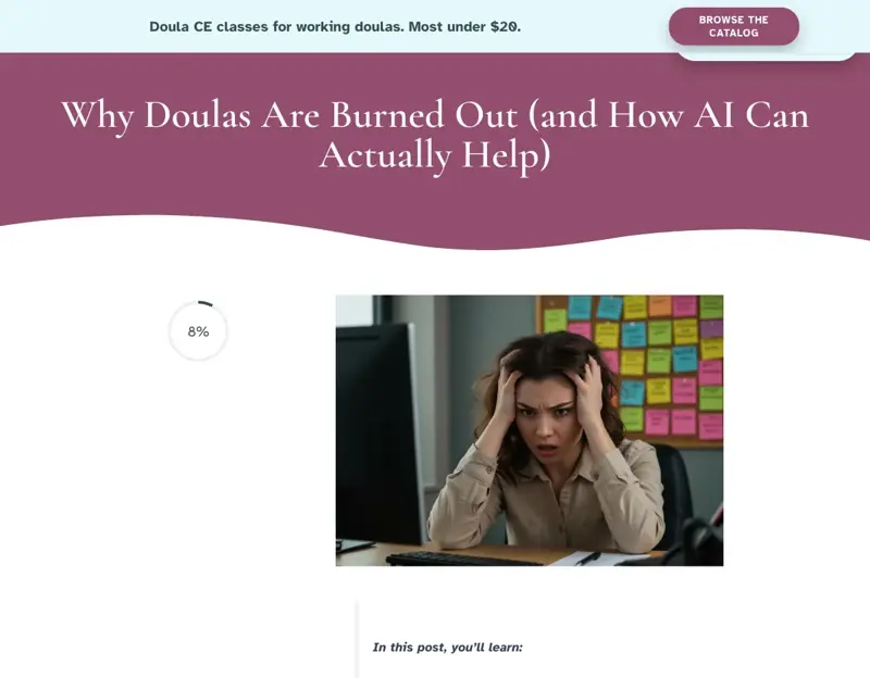 The Doula Business article on how AI can reduce the administrative load that drives birth-worker burnout