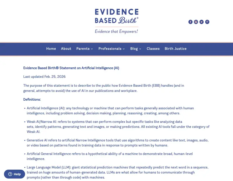 Evidence Based Birth’s 2026 Artificial Intelligence statement on appropriate and inappropriate AI use in perinatal care