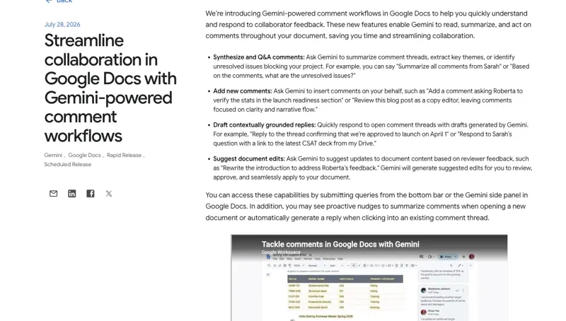 Google’s announcement of Gemini comment workflows in Docs