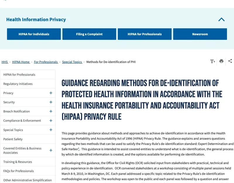 HHS guidance on HIPAA de-identification methods