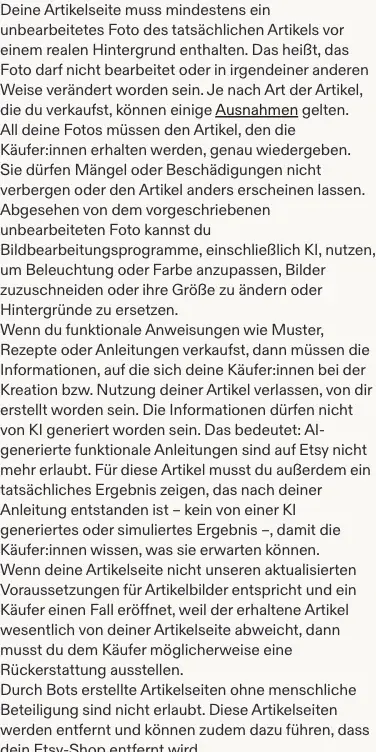 Der Abschnitt aus Etsys deutschem Seller-Handbuch vom 22. Oktober 2026, der die neuen Regeln nennt: ein unbearbeitetes Foto, genaue Fotos, keine KI-generierten Anleitungen, mögliche Rückerstattung bei wesentlicher Abweichung, keine Artikelseiten von Bots.