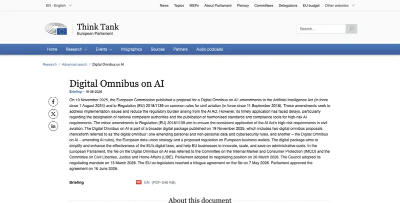 The European Parliament’s own Think Tank briefing on the Digital Omnibus on AI, confirming the full legislative timeline