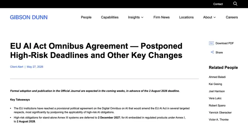 Gibson Dunn’s client alert on the EU AI Act Omnibus agreement, confirming the December 2027 and August 2028 deferral dates