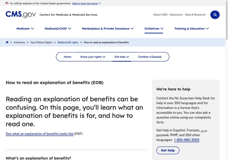 The official CMS.gov guide titled “How to read an explanation of benefits (EOB),” which opens by acknowledging that reading an EOB can be confusing.