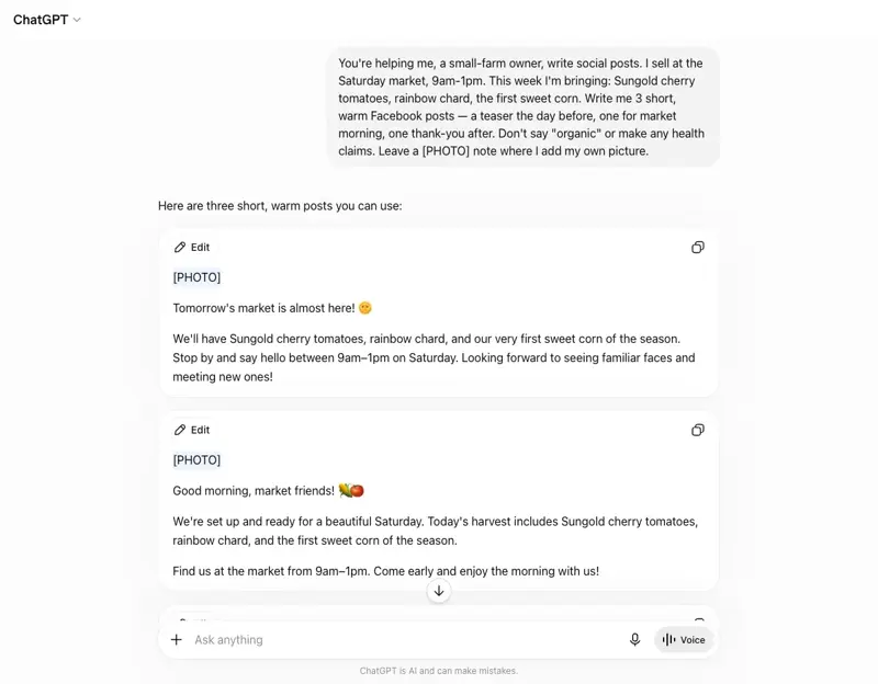 ChatGPT macht aus einer einzeiligen Ernteliste eine Woche Marktstand-Posts in der eigenen Stimme der Bäuerin