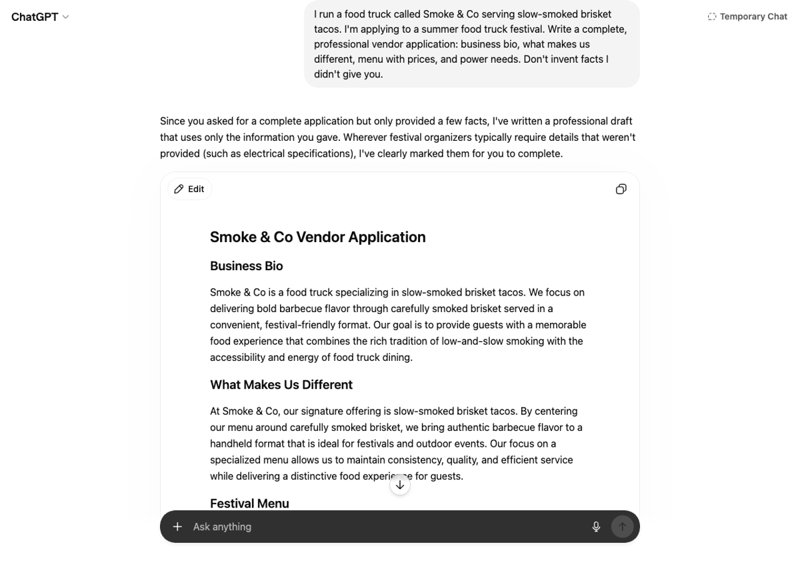 ChatGPT drafting a food truck festival vendor application from pasted form fields