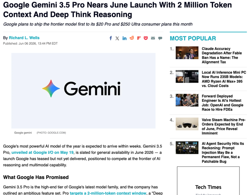Gemini 3.5 Pro se acerca a su lanzamiento de junio con contexto de 2M tokens y razonamiento Deep Think