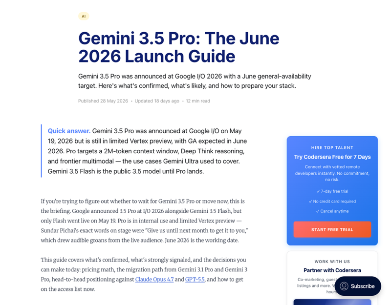 Una guía de lanzamiento 2026 con la ventana de salida prevista, especificaciones y precios de Gemini 3.5 Pro