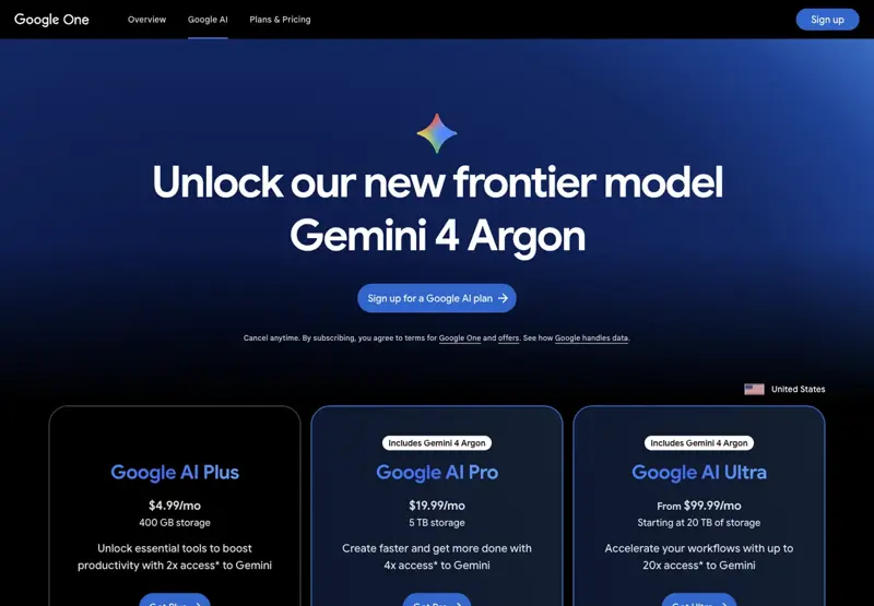 Google One plans page for the US showing three cards: Google AI Plus at $4.99 a month, and Google AI Pro at $19.99 and Google AI Ultra from $99.99, both labeled Includes Gemini 4 Argon