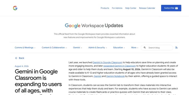 Google Workspace Updates blog post: Gemini in Google Classroom is expanding to users of all ages, dated August 4, 2026