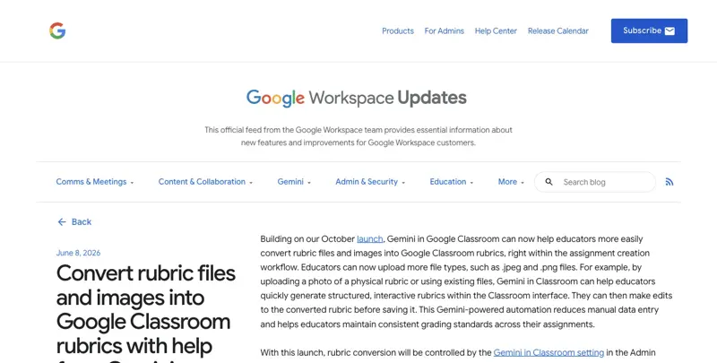 Google Workspace Updates blog post: Convert rubric files and images into Google Classroom rubrics with help from Gemini, dated June 8, 2026