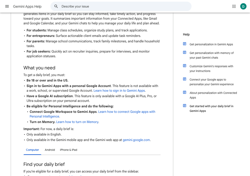 Gemini’s help page lists the requirements, including a personal — not school — Google Account