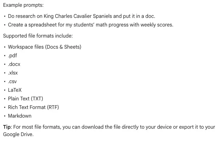 Google’s Gemini Apps Help page, cropped to the example prompts and the list of supported file formats: Docs and Sheets, PDF, DOCX, XLSX, CSV, LaTeX, TXT, RTF and Markdown