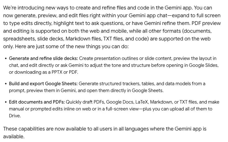 Google’s Workspace Updates post of 29 October 2026, cropped to its opening paragraph and three examples: slide decks, Google Sheets, and documents and PDFs