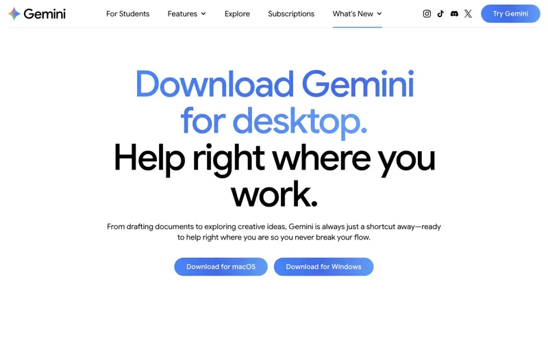 Google’s official Gemini for desktop landing page showing the Windows and macOS download options