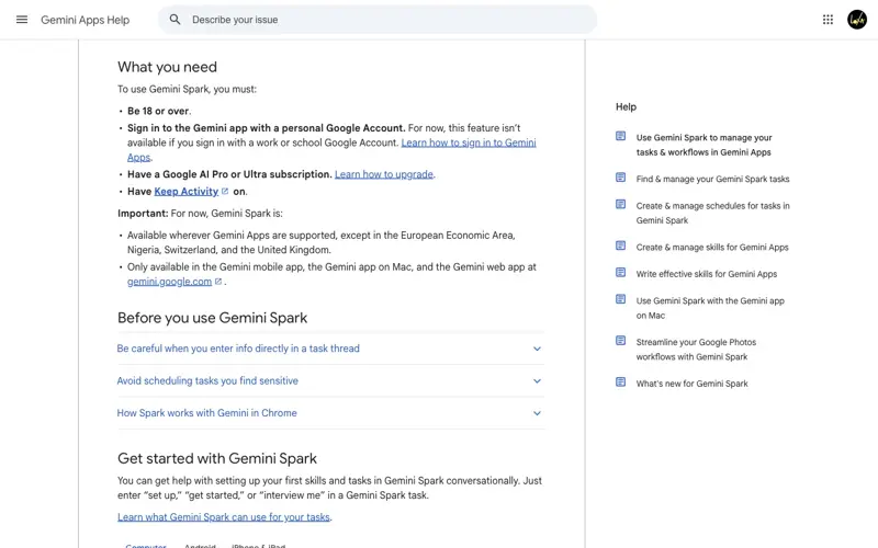 Google’s official Gemini Spark support page confirming the feature is available only on mobile, Mac, and web — not Windows