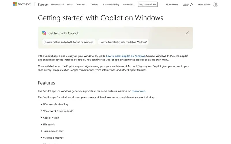 Microsoft’s official “Getting started with Copilot on Windows” support page, showing the built-in taskbar and keyboard-shortcut access