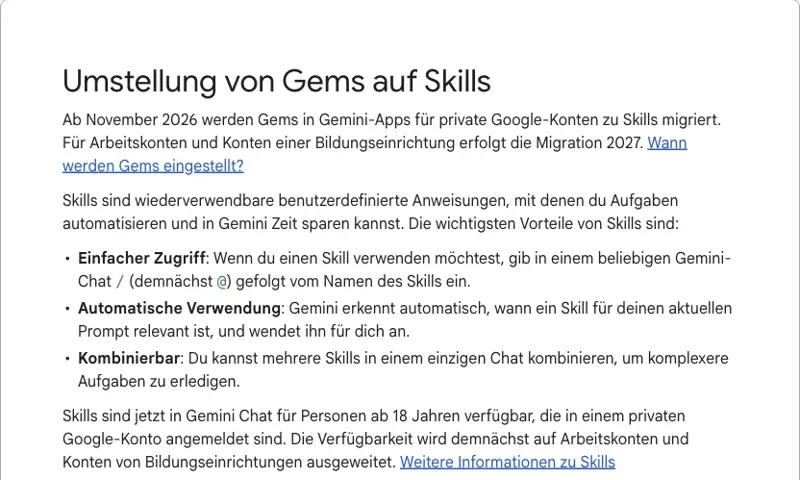 Google Gemini-Apps-Hilfe, deutsche Seite „Umstellung von Gems auf Skills": einfacher Zugriff per Schrägstrich, automatische Verwendung, kombinierbar