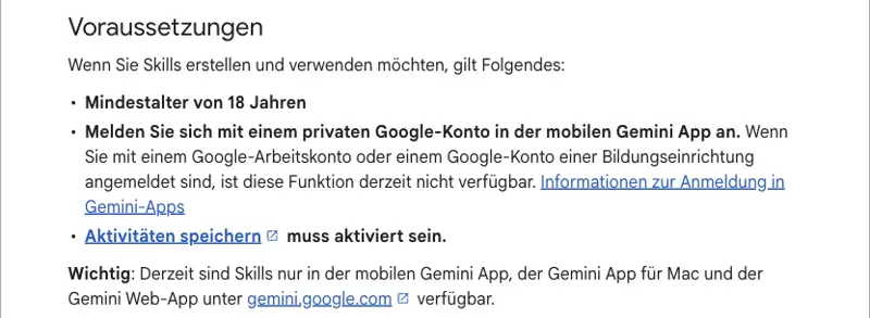 Google Gemini-Apps-Hilfe, Abschnitt „Voraussetzungen": Mindestalter 18 Jahre, privates Google-Konto, „Aktivitäten speichern muss aktiviert sein"