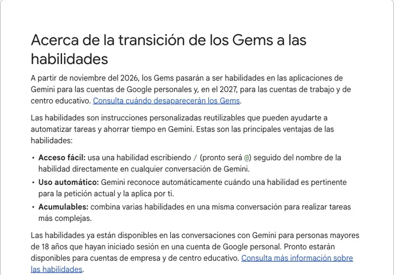 Ayuda de Aplicaciones de Gemini en español, página “Acerca de la transición de los Gems a las habilidades”: acceso fácil con barra diagonal, uso automático y acumulables