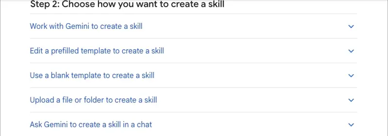 Google’s Create & manage skills help page listing five ways to create a skill: work with Gemini, edit a prefilled template, use a blank template, upload a file or folder, ask Gemini in a chat