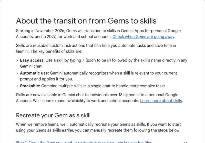 The Gemini Apps Help page “About the transition from Gems to skills” explaining easy access, automatic use, and stacking