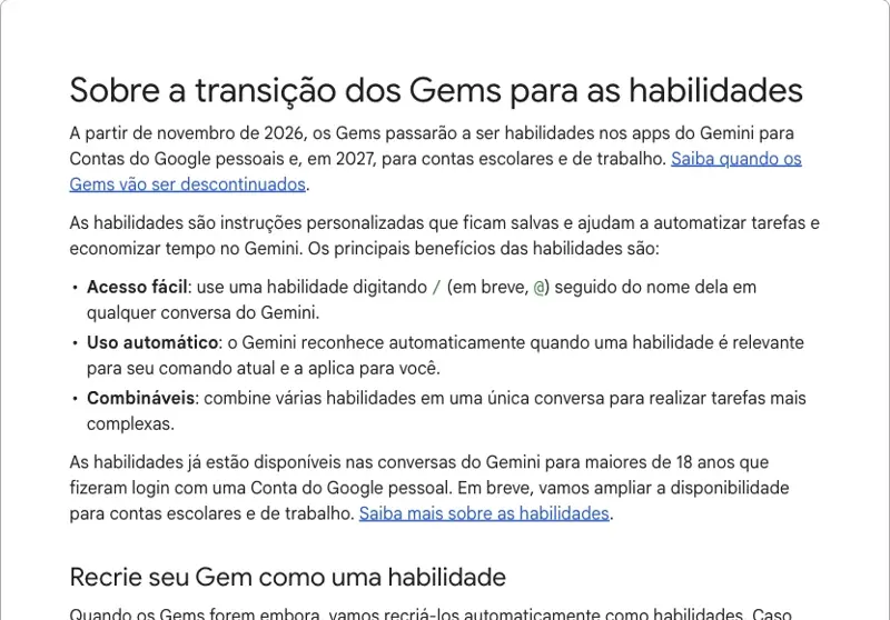 Ajuda do Apps do Gemini em português, página “Sobre a transição dos Gems para as habilidades”: acesso fácil, uso automático e habilidades combináveis