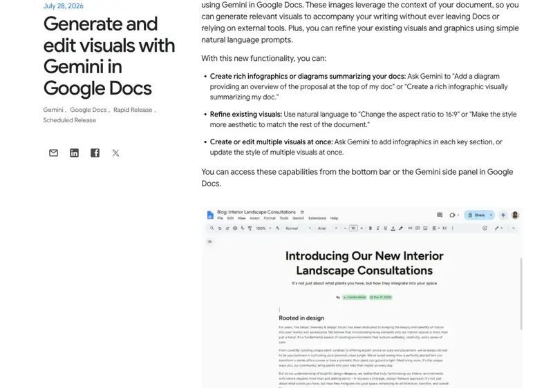 The Google Workspace Updates blog post from July 28, 2026 announcing that you can generate and edit images, diagrams, and infographics with Gemini inside Google Docs