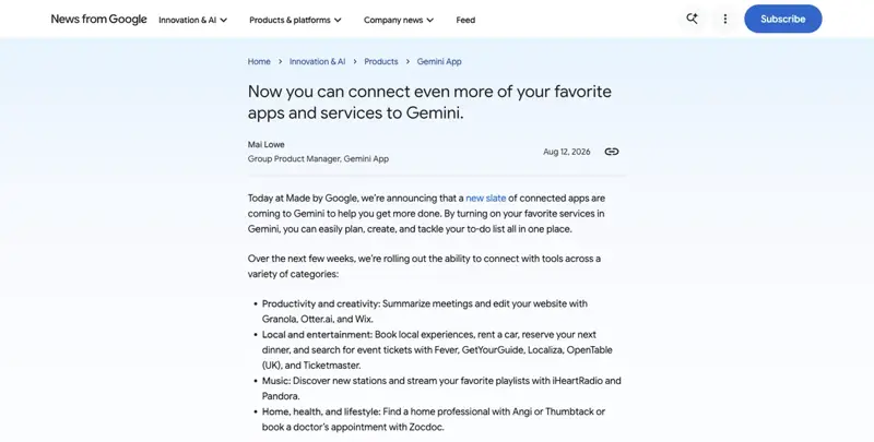 Google’s official Gemini blog post announcing the connected-apps expansion, listing Granola and Otter.ai under “Productivity and creativity”