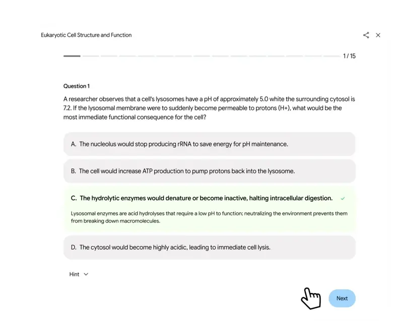 A diagnostic quiz question in a Gemini study notebook on cell biology, showing a 15-question progress bar and instant feedback explaining why the selected answer is correct