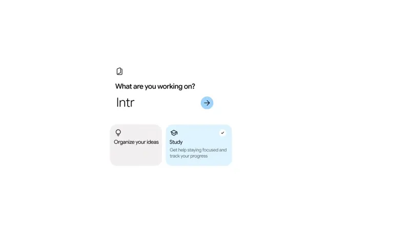 The new notebook screen in the Gemini app asking “What are you working on?” with the Study option selected