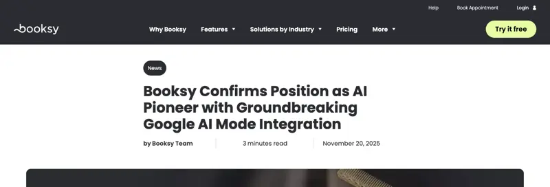 Booksy’s official announcement confirming its Google AI Mode integration for beauty and wellness appointment booking