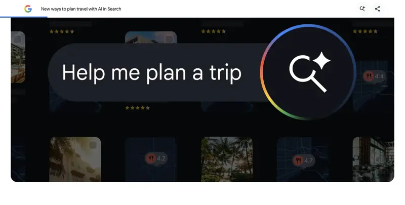 Google AI Mode’s “Help me plan a trip” interface, showing how the AI searches and surfaces bookable options with ratings