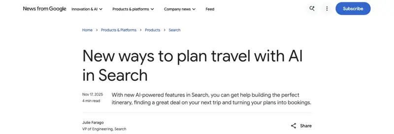 Google’s official blog post announcing new AI-powered booking features in Search, including turning travel plans into completed bookings