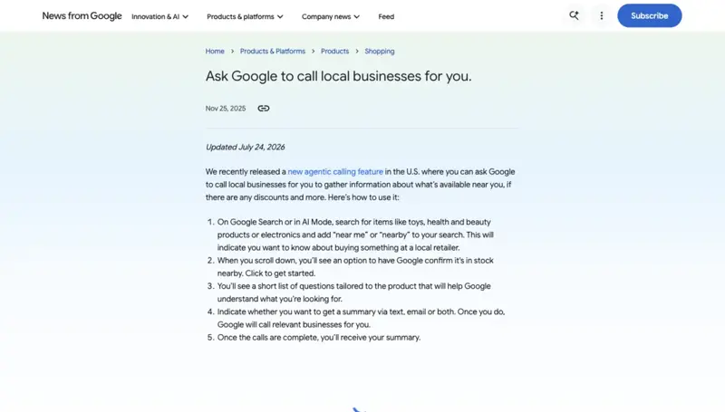 Google’s official how-to article for agentic calling, updated July 24, 2026