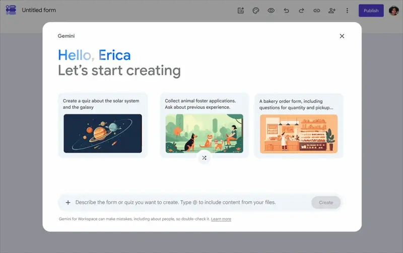 The Gemini Help me create dialog in a new Google Form, with example prompts and a describe-your-quiz text box