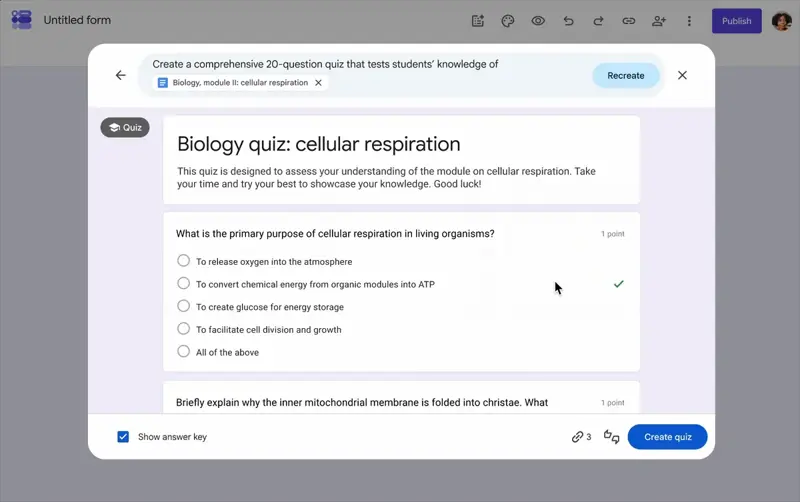 The generated quiz preview with the Show answer key checkbox enabled, correct answers marked with green checks and one point per question