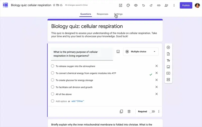 The finished quiz in the normal Google Forms editor, with a multiple choice question showing its marked correct answer
