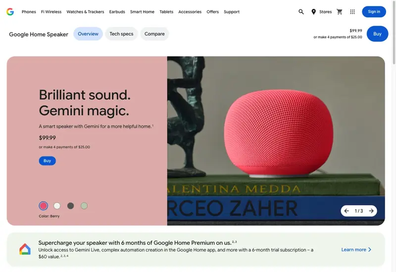 The Google Home Speaker product page on the Google Store, showing the $99 price and Gemini branding