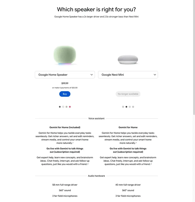 Google Store comparison page titled ‘Which speaker is right for you?’ showing the Google Home Speaker with a 58mm driver at $99.99 next to the Google Nest Mini with a 40mm driver marked ‘No longer available’, with ‘Go live with Gemini’ listed as subscription required for both