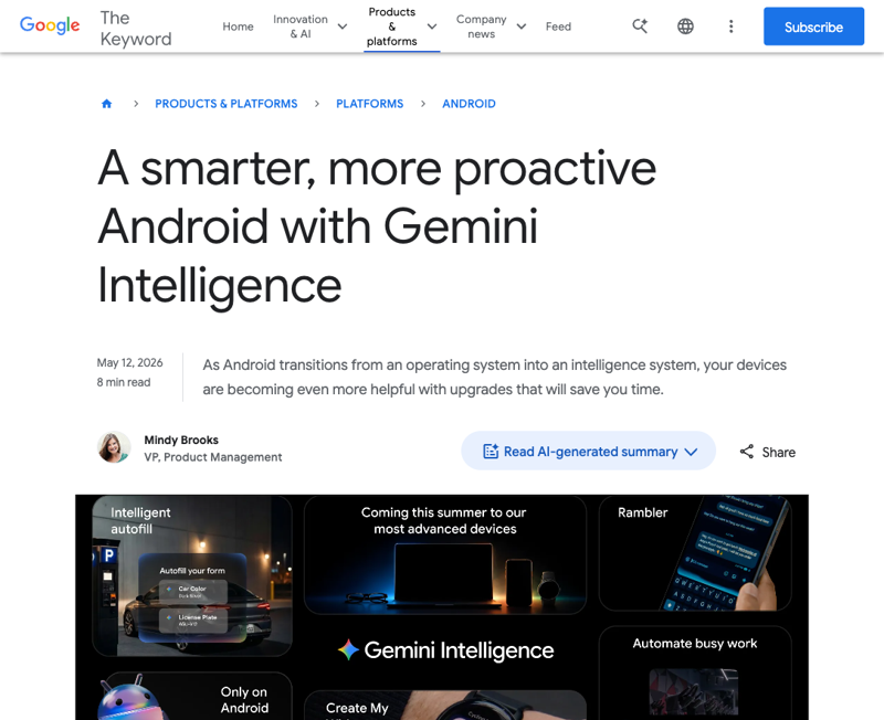 Google’s Gemini Intelligence announcement at the Android Show, May 12, 2026