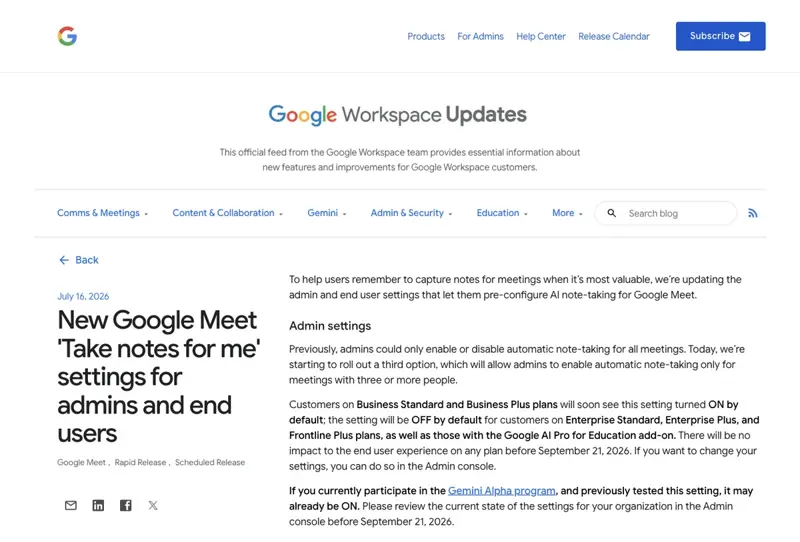 Google Workspace Updates Ankündigung zu den neuen Standardeinstellungen für “Notizen für mich” in Google Meet