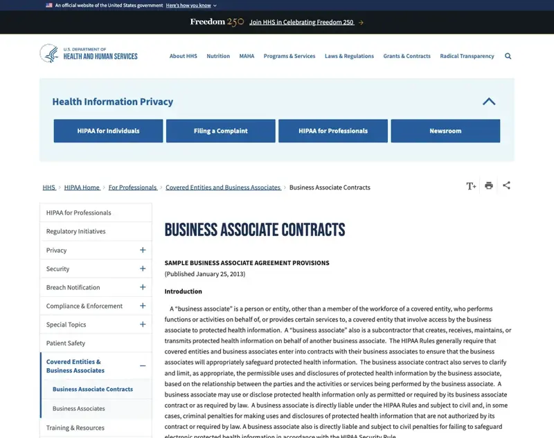 HHS.gov “Business Associate Contracts” guidance page explaining that a business associate may use or disclose protected health information only as permitted by its contract, and is directly liable under HIPAA Rules for unauthorized uses and disclosures