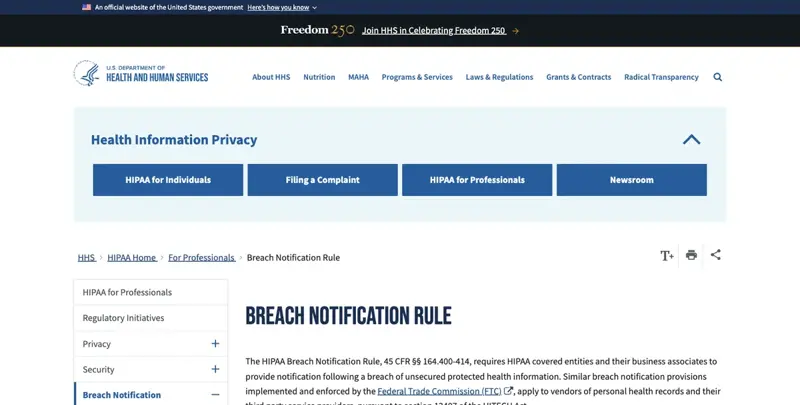 HHS.gov-Seite zur HIPAA Breach Notification Rule als Vergleichspunkt zum deutschen § 203 StGB