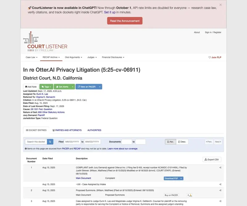 CourtListener docket page for In re Otter.AI Privacy Litigation, case number 5:25-cv-06911 in the U.S. District Court for the Northern District of California, showing the case was filed August 15, 2025 and assigned to Judge Eumi K. Lee