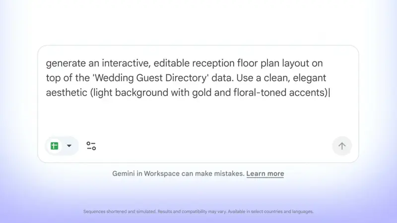Screenshot of a Google Sheets canvas prompt: “generate an interactive, editable reception floor plan layout on top of the ‘Wedding Guest Directory’ data. Use a clean, elegant aesthetic (light background with gold and floral-toned accents)” typed into the Gemini side panel.