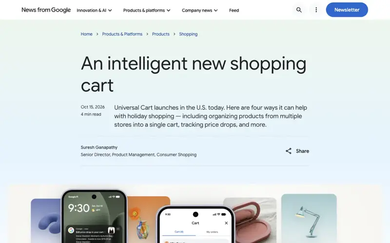 The top of Google’s Oct 15 launch post titled “An intelligent new shopping cart,” by Suresh Ganapathy, Senior Director, Product Management, Consumer Shopping